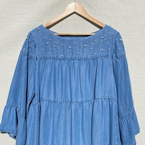 Chelsea & Theadore Chambray Pearls Tiered Dress LT Blue Size XL - Picture 4 of 11
